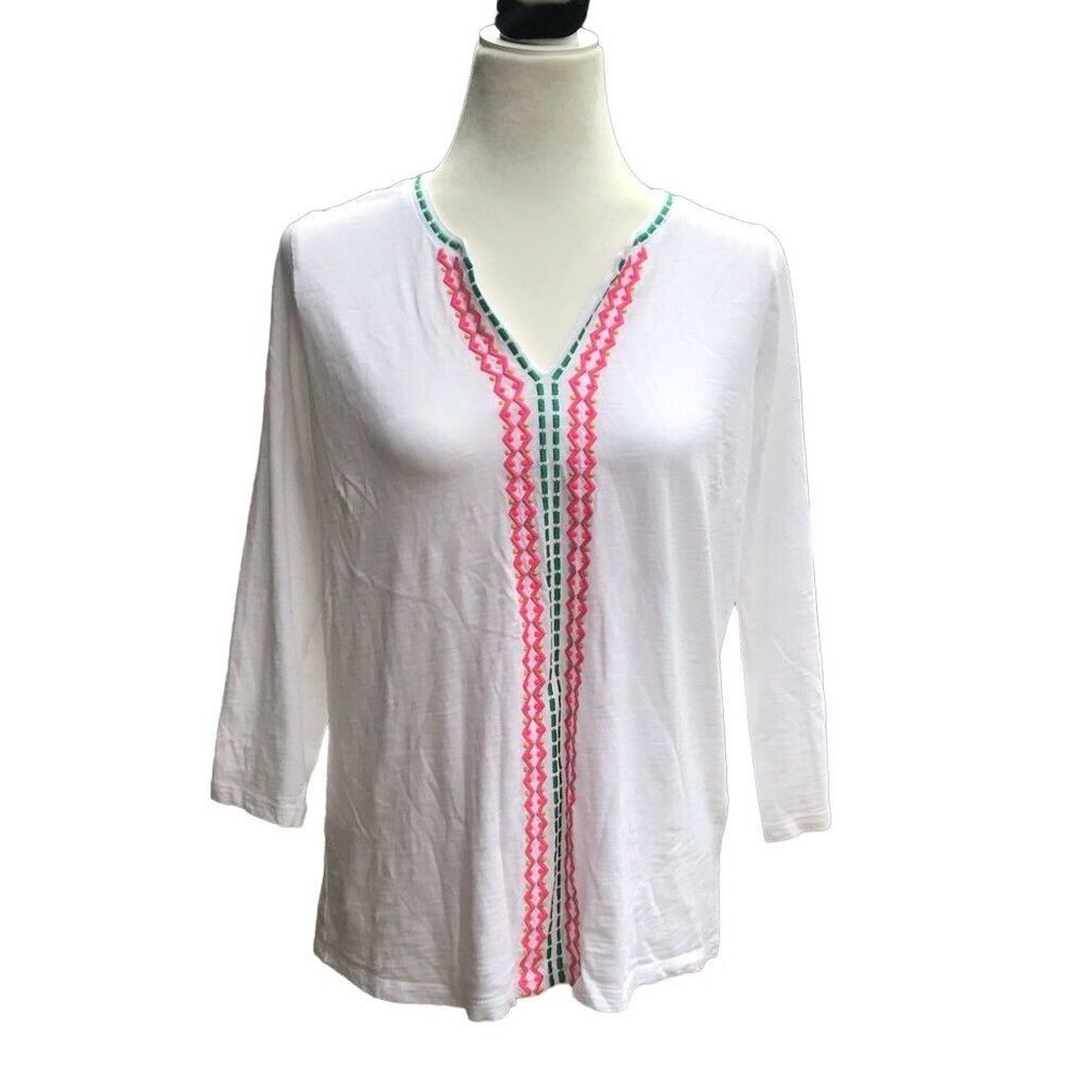 BODEN WHITE V-NECK TOP T-SHIRT TUNIC BLOUSE EMBROIDERY BOHO US WOMEN’S SIZE 10